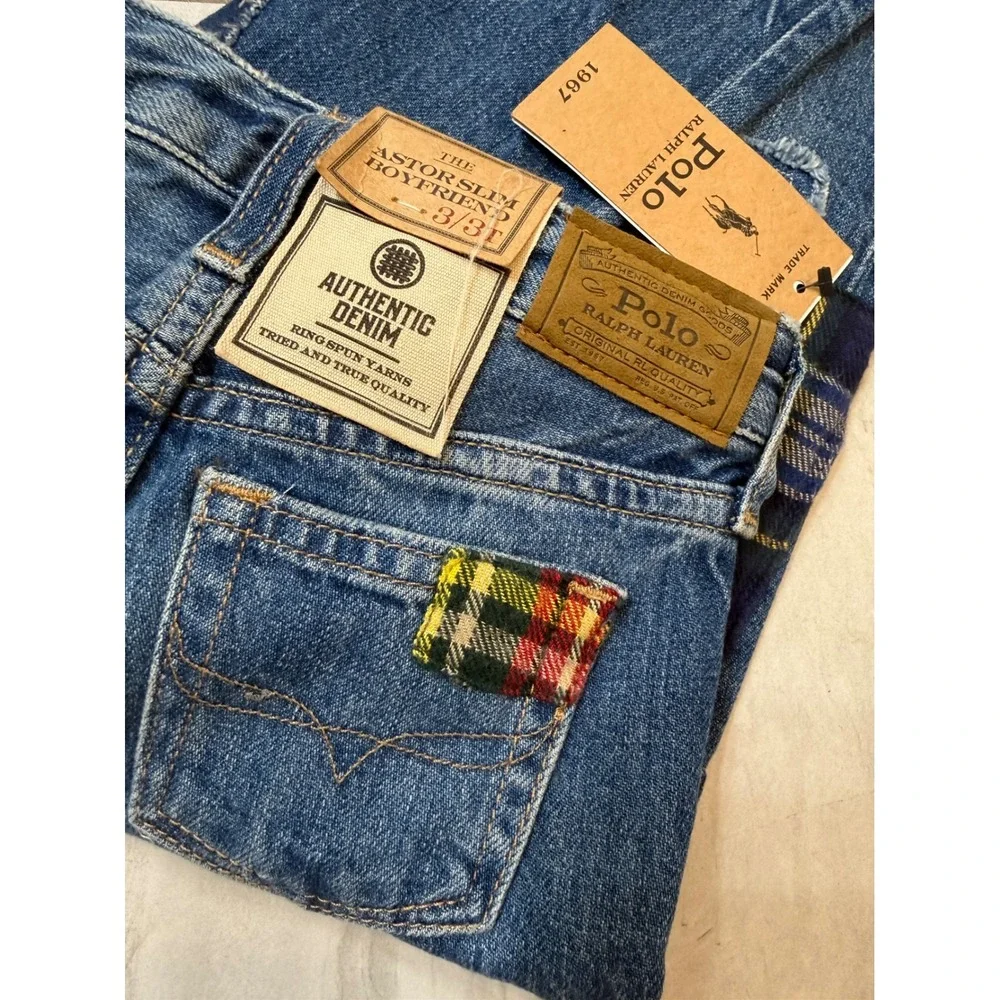 Polo Ralph Lauren Kids Patchwork Astor Slim Boyfriend Jeans Blue Plaid 3T NWT